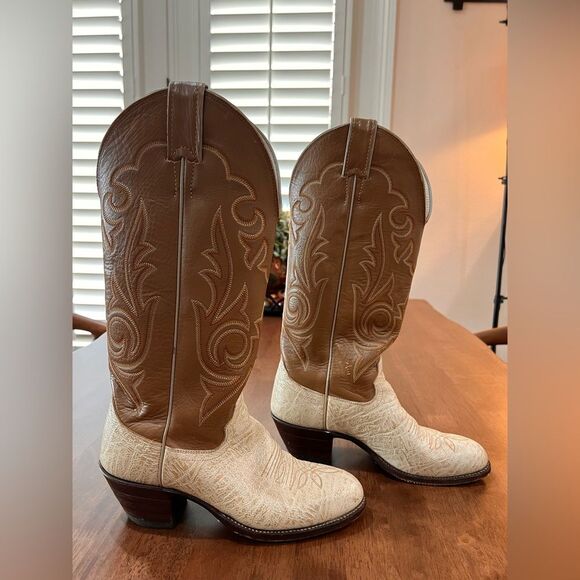 Rare Vintage Justin Cowboy Boots Cream Tan Leather Almond Toe Western Women’s 6B - Picture 3 of 11